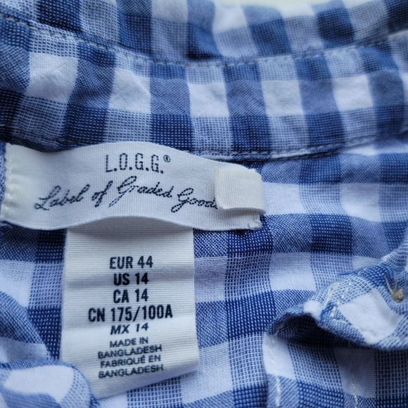 H&M LOGG Shirt Womens Blue White Button Up Plaid Shirt Short Sleeve Cotton Sz 14 - Picture 9 of 11